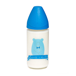 Пляшка скляна Suavinex Сенс життя 240 мл, кругла 3-позиційна соска синій ведмідь