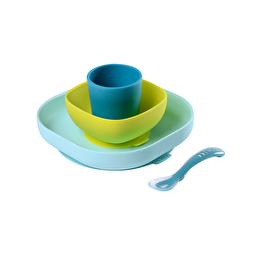 Набір: тарілка, миска, стакан, ложка Beaba 4+ синій/неон