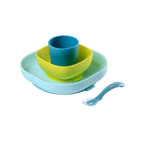 Набір: тарілка, миска, стакан, ложка Beaba 4+ синій/неон - lebebe-boutique - 7