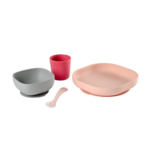 Набір: тарілка, миска, стакан, ложка Beaba 4+ рожевий/сірий - lebebe-boutique - 3