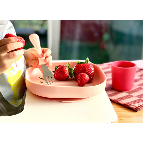 Набір: тарілка, миска, стакан, ложка Beaba 4+ рожевий/сірий - lebebe-boutique - 4