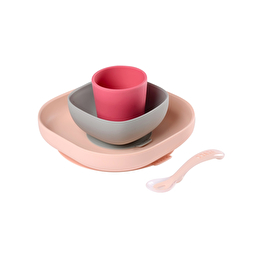 Набір: тарілка, миска, стакан, ложка Beaba 4+ рожевий/сірий