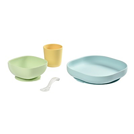 Набір: тарілка, миска, стакан, ложка Beaba 4+ жовтий/зелений - lebebe-boutique - 7