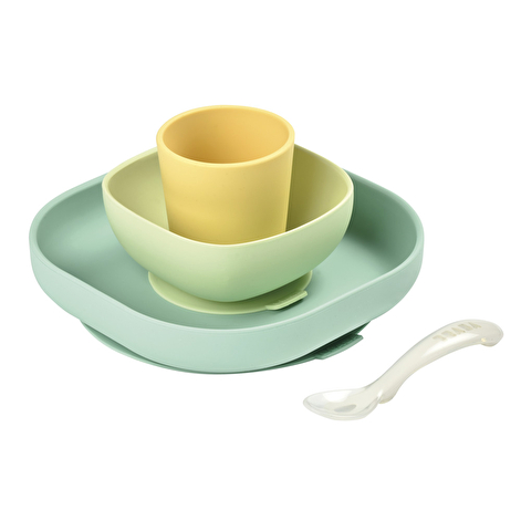 Набір: тарілка, миска, стакан, ложка Beaba 4+ жовтий/зелений