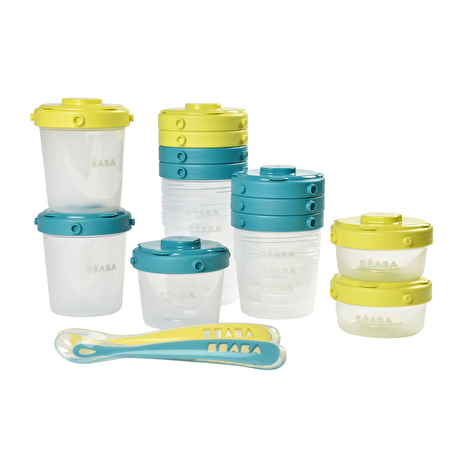 Набір з 12 -ти пластикових контейнерів для збрігання (2шт - 60 мл, 4 шт- 120 мл, 6 шт - 200 мл) та 2-ох силіконових ложок  4+ міс (синій, неон) - lebebe-boutique - 5