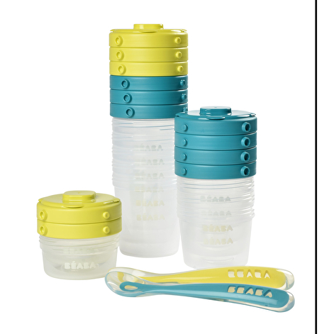 Набір з 12 -ти пластикових контейнерів для збрігання (2шт - 60 мл, 4 шт- 120 мл, 6 шт - 200 мл) та 2-ох силіконових ложок  4+ міс (синій, неон) - lebebe-boutique - 6
