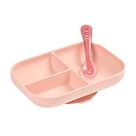 Набір Beaba силіконова порційна тарілка + ложка рожевий - lebebe-boutique - 5