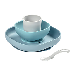 Набір: тарілка, миска, стакан, ложка Beaba 4+ блакитний/сірий