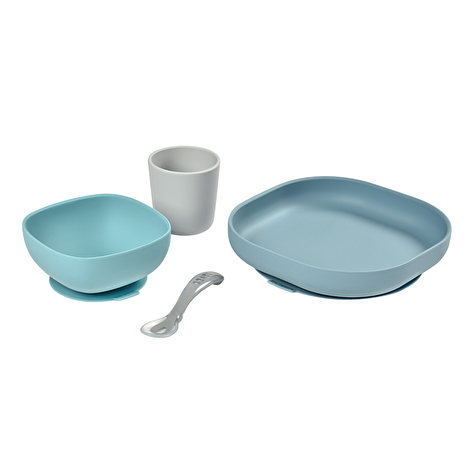 Набір: тарілка, миска, стакан, ложка Beaba 4+ блакитний/сірий - lebebe-boutique - 2