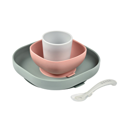 Набір: тарілка, миска, стакан, ложка Beaba 4+ рожевий/евкаліпт