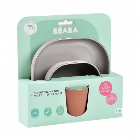 Набір: тарілка, миска, стакан Beaba металеві 4+ теракотовий - lebebe-boutique - 5