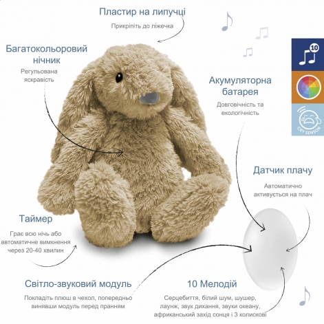 Музична іграшка з білим шумом та нічником (бежевий) ZAZU Зайчик РО  - lebebe-boutique - 6