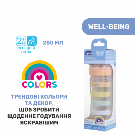 Пляшечка пластик Chicco Well-Being Colors, 250мл, соска силікон, 2м+ - lebebe-boutique - 8
