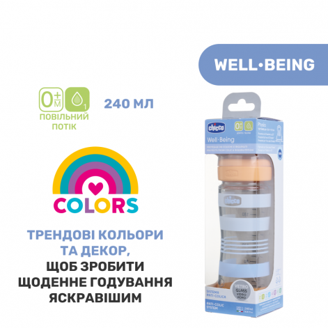 Бутылочка стекло Chicco Well-Being Colors, 240мл, соска силикон, 0м+ - lebebe-boutique - 7